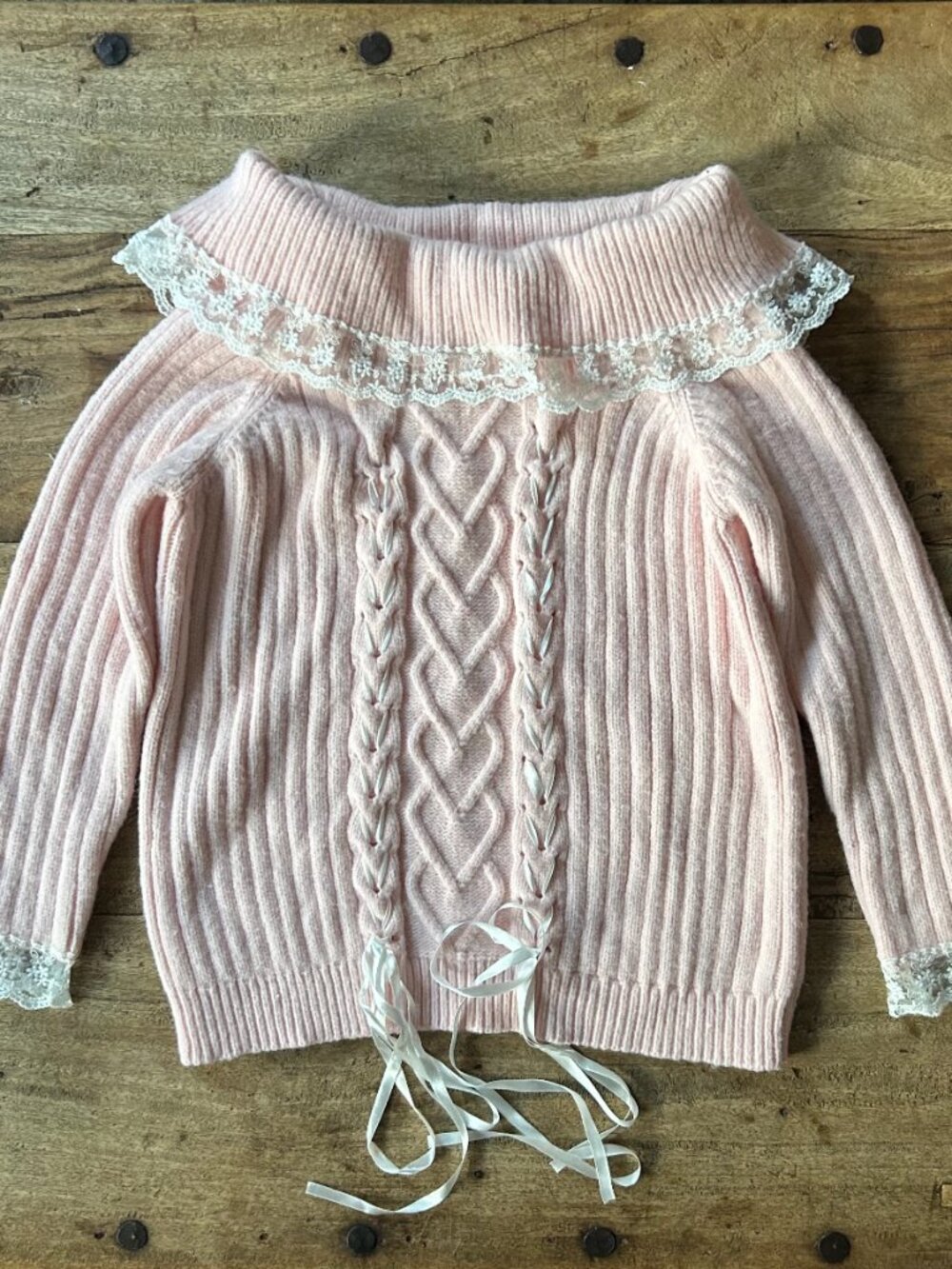 EUC Romwe Pink Off Shoulder Boat Neck Sweater Bows Ribbons Kawaii Soft SZ 3XL